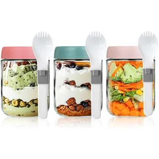 BigNoseDeer Overnight Oats Gläser Meal Prep Gläser Einmachgläser mit Schraubdeckel Porridge Becher To Go Auslaufsicher Dessertgläser mit Deckel für Salat Joghurt Pudding Marmelade 3er-Pack 460ml