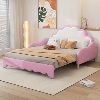 Flieks Polsterbetet 140x100cm/140x200cm, Kinderbett mit Rausfallschutz, Schlafsofa Sofabett mit Lattenrost, Jugendbett mit LED, PU, Rosa - Rosa