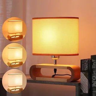Nachttischlampe aus Holz, LED Tischlampe mit Kabel, Drei Beleuchtungs Modi Kleine Lampe, Lampenschirm aus Leinen, Holzsockel, Tragbare Tischleuchte Vintage Tischleuchte für Schlafzimmer Wohnzimmer