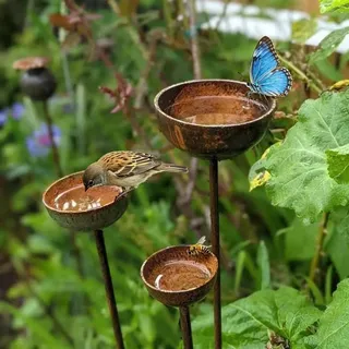 WRQIOO 3Stück Regenfänger Gartenstecker Rost, Insektentränke Garten, Wassertränke für Vögel, Bienentränke für den Garten, Wassertränke für Vögel, Metall Gartendeko Rost für Draußen 60cm