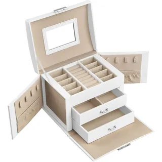 SONGMICS Schmuckkästchen 3 Ebenen, Schmuckkasten mit Griff, 2 Schubladen, Schmuckschatulle mit Spiegel, Schloss, Schmuckaufbewahrung für Reisen, modern, Geschenkidee, klassikweiß JBC154W01