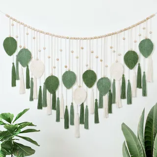 Dremisland Große Makramee Wandbehang Beige Grün Blätter Quaste Wandteppich mit Holzperlen Handgefertigte Tapisserie Wandbehang Boho Wanddeko Schlafzimmer Wohnzimmer Kinderzimmer, 130x80cm