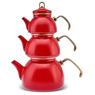 Karaca Retro Emaye Teekanne Set, 3 Stück, Rot - Hochwertige Emaille-Kannen für stilvolles Teetrinken und nostalgische Teepartys - Inhalt 0,50 l, 1,1 l und 2,3 l