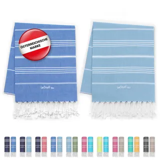 LeStoff 2er-Set Hamamtuch 95 x 180 cm - 100% Bio-Baumwolle, Vorgewaschen, Leicht, Saugstark & Schnelltrocknend, Reisehandtuch, Campinghandtuch, Badetuch, Saunatuch, Strandtuch (Sky Blue + Light Blue)