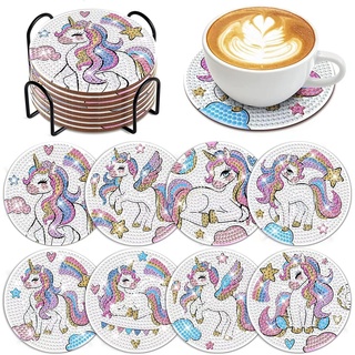 WOWDECOR Diamond Painting Untersetzer mit Halter 8 Stück, DIY Einhorn Tischuntersetzer Glasuntersetzer 5D Diamant Painting Coaster für Gläser Tassen Auto Mosaik (Einhorn)