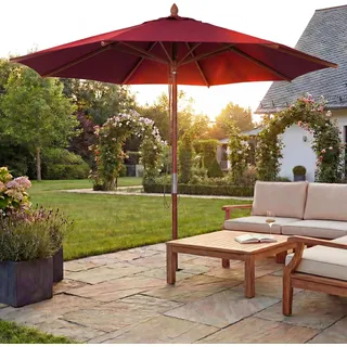 Gastronomie Holz-Sonnenschirm HWC-C57b, Gartenschirm, Polyester/Holz 14kg, rund Ø3m Seilzug stoßsicher bordeaux - Rot