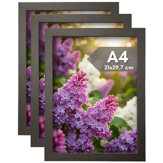 NOOGUI - Bilderrahmen a4 - Schwarzes Holz - 21×30 cm - Mit Antireflex‐Plexiglas - Für Fotos, Urkunden, Poster oder Puzzle - Vertikale und horizontale Positionierung - Stärke 2 cm - 3er-pack