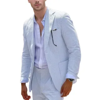 Aowdoy Seersucker-Anzug für Herren, gestreift, leicht und atmungsaktiv, Blazer und Hose, für Sommer, Strand, Hochzeit und Bräutigam, 2-teilig