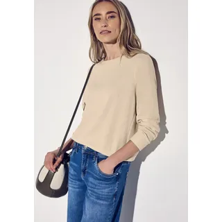 Sweater STREET ONE, Damen, Gr. 42, cotton beige, Sweatware, Obermaterial: 66% Polyester, 34% Viskose, unifarben, bequem hüftbedeckend, U-Boot-Ausschnitt, Bündchen, Sweatshirts Sweater, mit U-Boot-Ausschnitt und in feiner Struktur-Optik