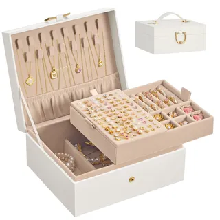 SONGMICS Schmuckkästchen, Schmuckkasten 2 Ebenen, Schmuckaufbewahrung, mit herausnehmbarem Schmucktablett, Griff, für Halsketten Ohrringe, 17 x 20,5 x 9,5 cm, Geschenkidee, cremeweiß JBC208WD01