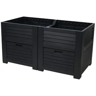Hochbeet mit Staufächern in Holzoptik für Garten, Balkon, Terrasse, Pflanz-Volumen max. 400 l, max. Tragkraft 204 kg, 2 Wasserablauf-Systeme, 4 Klapptüren, wetterfester Kunststoff - Schwarz