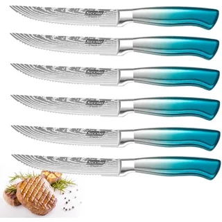 SCOLE Steakmesser Set 6-teilig, Küchenmesser set aus Deutscher Carbon Edelstahl, Scharfe Gezahnte Pizzamesser Grillmesser mit Ergonomischem Griff, mit Premium-Geschenkbox, Blau