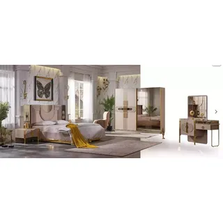 Schlafzimmer Set Beiges Bett 2x Nachttische+Kleiderschrank+Schminktisch JVmoebel - Beige