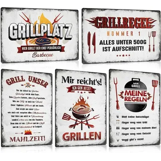 ESFIVHO 5er Set Retro Blechschild Grill - GRILLPLATZ Schild mit Spruch - GRILL REGEL UNSER BBQ Metallschild Vintage Deko - Wand Dekoration Geschenk für Griller Grillmeister Küche Köche 20x30cm