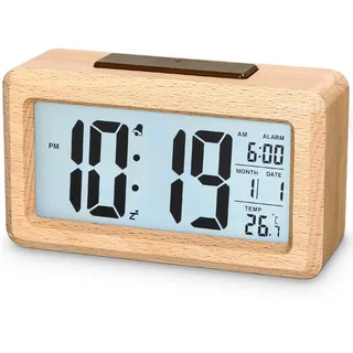 Exyvox Digitaler Wecker, Holzwecker mit Sensormodulen, Tischuhr mit großem Display, Datum, Temperaturanzeige, Nachtlicht, Digitaluhr mit Schlummermodulen, für Schlafzimmer, Bett, Zuhause
