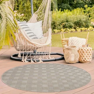 TT Home In-& Outdoorteppich Wetterfest Terrasse Balkon Esszimmer Geometrische Optik Boho Skandi Muster Unifarben Modern Größe 80 cm Rund - Beige