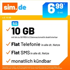 Handytarif sim.de z.B. Allnet Flat 10 GB – (Flat Internet 5G 10 GB, Flat Telefonie, Flat SMS und Flat EU-Ausland, 6,99 Euro/Monat, monatlich kündbar) oder andere Tarife