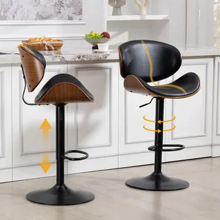 Barhocker 2er Set Drehbar Höhenverstellbar Barstuhl aus gebogenem Holz Kunstleder Ergonomische Rückenlehne Fußstütze Kücheninsel Tresenhocker Schwarz - Schwarz