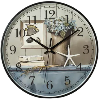 NUOVO 12 Zoll Vintage Wanduhr, Mediterraner Stil Uhr, Sweet Home Wanduhr, Maritimes Design mit Fischen und Blumen, Dekorative Uhr für Wohnzimmer, Küche, Büro, Schlafzimmer