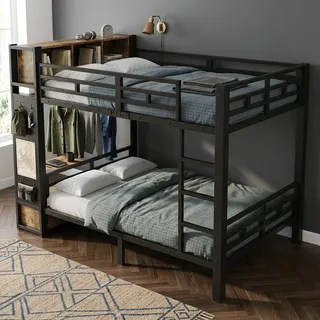 STILVORA Etagenbett 120x200 cm aus Metall mit Stauraum und Kleiderstange, Stockbett mit Schublade und Lochwand, Hochbett mit offenen Ablagefächern - Schwarz
