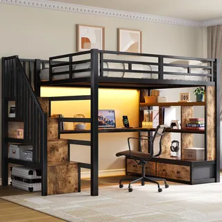 STILVORA Metall-Hochbett 140x200 cm mit Schreibtisch und Regalen, Kinderhochbett mit 2 integrierten Schubladen und Treppe mit Stauraum, Eisenbett für Schlafzimmer,Schwarz - Schwarz