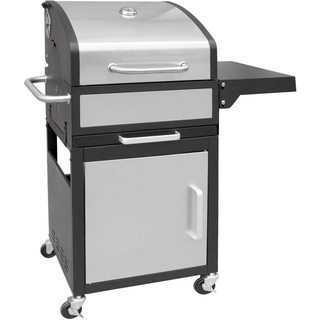 GrillChef by LANDMANN Holzkohle-Grillwagen, Grillwagen mit doppelwandigem Deckel inkl. Thermometer, emaillierter Gussgrillrost und Warmhalterost, Silber/Schwarz