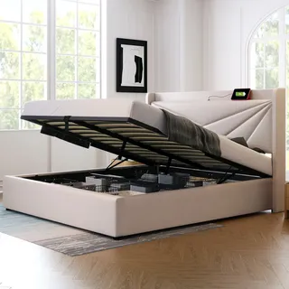 Sweiko Polsterbett (Funktionsbett Hydraulisches Bett mit Lattenrost), Stauraumbett 180x200cm mit USB Typ C Ladefunktion Kopfteil, Leinen