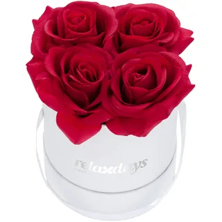 Relaxdays Rosenbox rund, 4 Rosen, stabile Flowerbox weiß, Lange Haltbarkeit, Geschenkidee, dekorative Blumenbox, rot