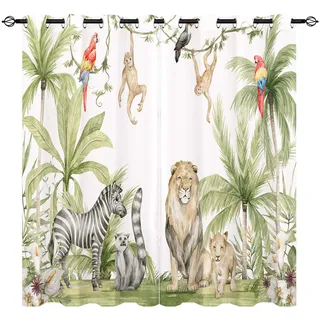 YUANZU Afrikanische Tier Vorhänge Safari Dschungel Löwe Zebra Affen Papageien Palmen Blumen Ösen Gardinen mit Blickdichte Vorhang Blackout Curtain Kinderzimmer Schlafzimmer 2 Stück, H 175 x B 140 cm