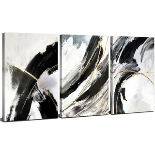 Schwarz Weiß Wohnzimmer Leinwand Bilder Deko Set - Modern Wandbild Foto auf Leinwand Bild Schlafzimmer Room Decor Abstrakte Linien Gemälde Wandbilder Neutral Marmor Gold Wanddeko Wand Deko 30x40cm x3