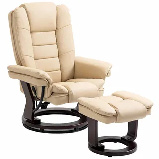 HOMCOM Relaxsessel mit Fußstütze, Rückenlehne max. 135° neigbar, Sitz 360° drehbar, Komfort-Polstersitz, PU-Bezug, für Wohnzimmer, Schlafzimmer, Büro, beige
