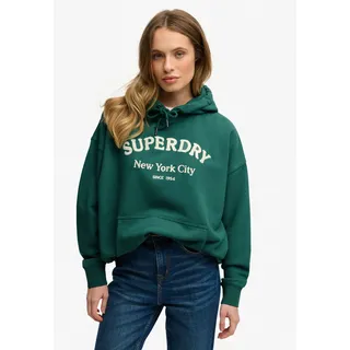 Kapuzensweatshirt SUPERDRY "Luxe Casual Emb Relaxed Hood", Damen, Gr. XS, pine grün, Sweatware, Obermaterial: 100% Baumwolle, bedruckt, normal, Rundhals, Rippbündchen, Sweatshirts Kapuzensweatshirt, Baumwolle, oversize