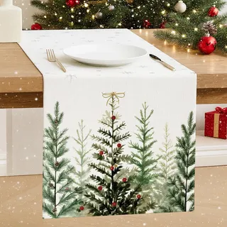Luzzxfa Schneeflocke Kiefern Weihnachten Tischläufer Modern Saisonnal Weihnachtsbaum Winter Weihnachtstischläufer Küche Tisch Dekoration Drinnen Outdoor Urlaub Party Dekor Hell 33x183 cm
