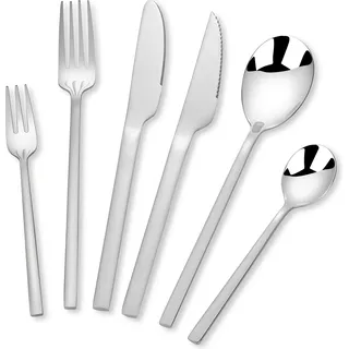 Deleca 6-Personen Luxus Besteckset Amara – Löffel, Messer, Gabeln, Steakmesser & Kuchengabeln – Spülmaschinenfestes Besteck – Silber / Edelstahl - Silber