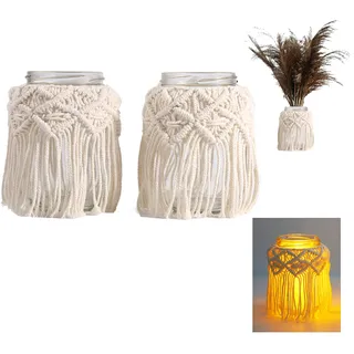Kerzenständer Makramee Girlande, Windlichter Deko Kerzen, Beige Boho Deko Balkon Für Kerzen Und Trockenblumen (2pc-12.5x6.5)