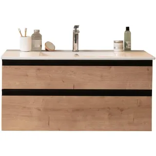 Schöner Wohnen Waschtischkombi , Grau, Eichefarben , Metall , 2 Schublade(n) Schubladen , 102 cm , Goldenes M, Made in Germany, DGM-Emissionslabel , hängend , Badezimmer, Waschbecken & Armaturen, Waschtische