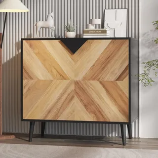 GarveeHome Sideboard Mit Türen Im Fischgrätenmuster, 2-Stöckiges Buffet Aus Holzwerkstoff, Freistehender Schrank Mit Metallbeinen, Für Wohnzimmer Und Esszimmer, 80 x 40 x 74,4 cm