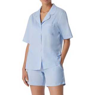 Schiesser Damen Pyjama Kurz Pyjamaset, Hellblau Weißes Piping, 38