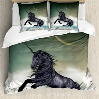 ABAKUHAUS Fantasie Bettbezug, Schwarzes Einhorn in Ocean, Milbensicher Allergiker geeignet mit Kissenbezügen, 155 cm x 220 cm - 80 x 80 cm, Mehrfarbig