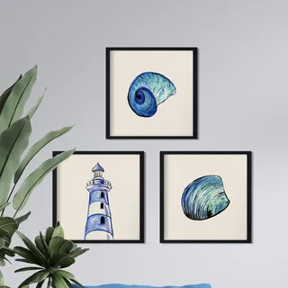 Nacnic Set 3 Blätter Leuchtturm und Muscheln. Aquarell-Stil Poster mit Bildern der Natur für die Innenausstattung.