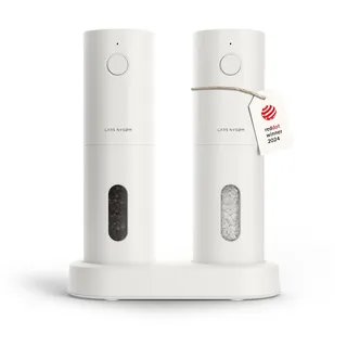 LARS NYSØM Salz und Pfeffermühlen Elektrisch Set I Keramikmahlwerk fein bis grob I USB Wiederaufladbar mit Ladestation I Automatische Salz und Pfefferstreuer I Gewürzmühlen Set (Pure White)