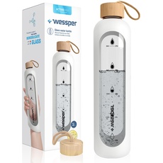 Wessper Trinkflasche Glas 1L mit Zeitmarkierungen, BPA-frei Trinkmotivation Borosilikat Wasserflasche, Luftdichte Glasflasche mit Bambus Deckel Wiederverwendbar mit Silikonhülle - Weiß
