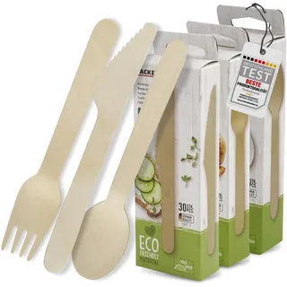 Holzbesteck Set aus Birke – Praktisches Mehrweg Besteck für Camping, Grillen oder Party – Biologisch abbaubar, gut für die Umwelt – 30 Messer, 30 Löffel & 30 Gabeln
