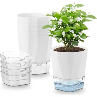 Yimomoyi 6er Set Kräutertöpfe Küche Selbstbewässernd, 12.5cm Blumentopf mit Bewässerungssystem, Selbstbewässerungstopf mit Transparente Wasserspeicher, Basilikum Topf, Übertopf Set, Weiß