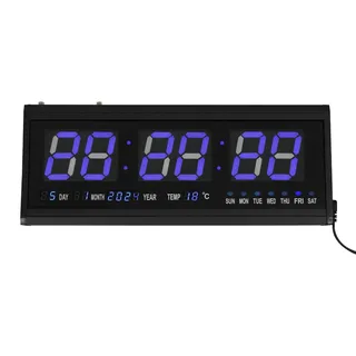 LED Digital Wanduhr - Uhr mit Datum & Temperatur in °C - 48×19×3 cm - Aluminium & Glas - Netzbetrieb 220V - Wand- & Tischuhr - Schwarz - Schwarz