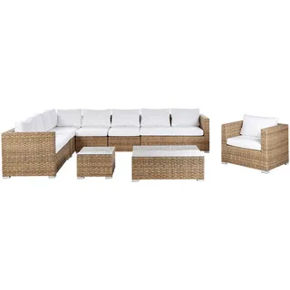 Beliani Lounge-Set 8-Sitzer hellbraun linksseitig modular Auflagen cremeweiß Xxl , Kunststoff , Gartenmöbel, Gartengarnituren, Gartenmöbel-Sets
