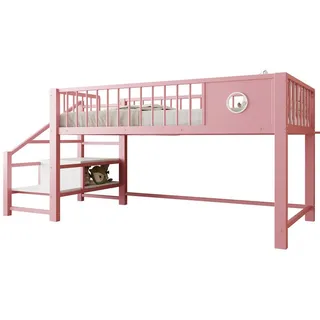 Okwish Kinderhochbett 90/200 cm rosa aus Metall mit Stauraumleiter , Rosa , 90x200 cm , Babymöbel & Kindermöbel, Kinderzimmer & Jugendzimmer, Kinderbetten