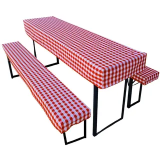 Bierzeltgarnitur Auflage (3er Set) aus 1x Tischdecke und 2X Bierbankhussen. Größe und Farben wählbar. (110 x 60 cm, Rot kariert)