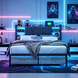 JiaOyu Polsterbett 140x200 cm mit LED-Beleuchtung und USB-Ladeanschluss, Metallbett Doppelbett mit 2 Schubladen, Stauraumbett Jugendbett mit Lattenrost aus robustem Metall, Schwarz (Typ D, 140x200cm)
