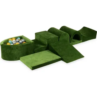 Der größte Schaumstoffspielplatz mit Pool, Micro Velvet Soft Olive + 100 Bälle: Perlmutt, Silber, Gold, Metallic-Türkis - Olive, Silber, Gold